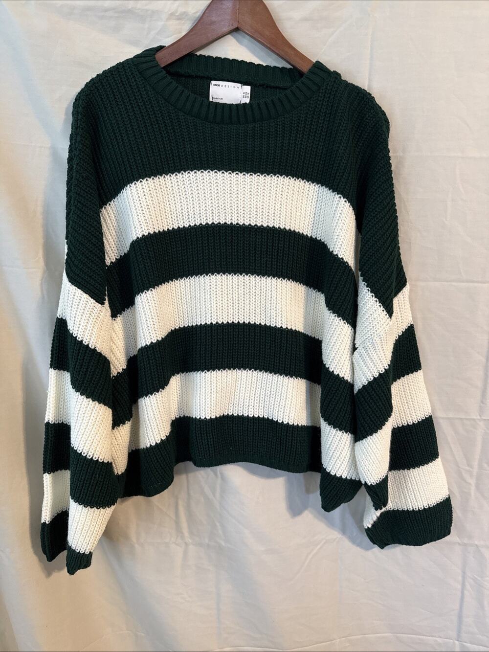 ASOS Design US 12 UK 16 Green Cream Stripped Sweater Oversized European Preppy